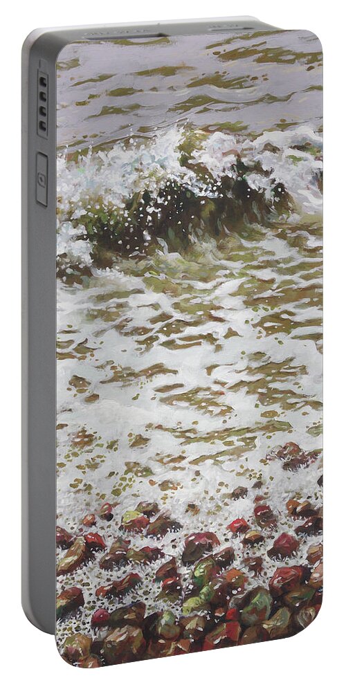 Beach Portable Battery Charger featuring the painting Wave and Colorful Pebbles by Martin Davey