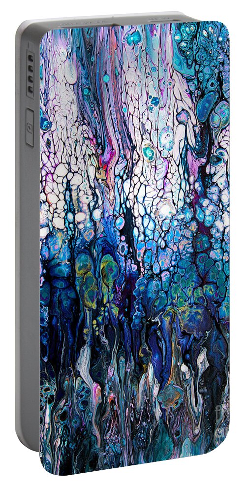 Compelling Engaging Ocean Colors Under Sea-vista Water Blue Bubbles Wave-foam Dynamic-pattern Vibrant Serene-colors Exciting Beautiful Full Of Colorful Horizontal Movement Portable Battery Charger featuring the painting Wave traces #2414 by Priscilla Batzell Expressionist Art Studio Gallery