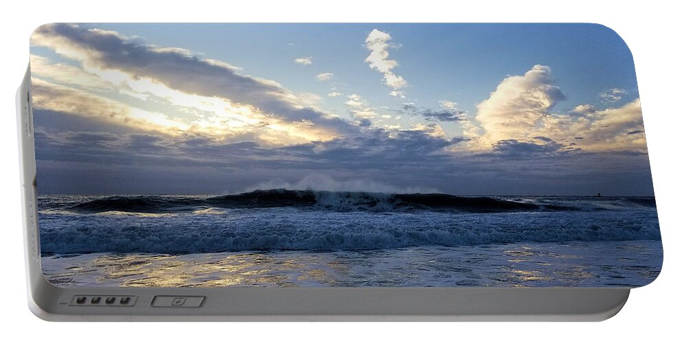 Rolling Wave Under Blue Skies As The Sun Rises Through The Clouds... Portable Battery Charger featuring the photograph Waves and Reflections by Robert Banach