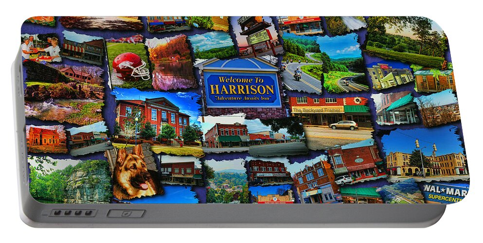 Harrison Portable Battery Charger featuring the digital art Welcome to Harrison Arkansas by Kathy Tarochione