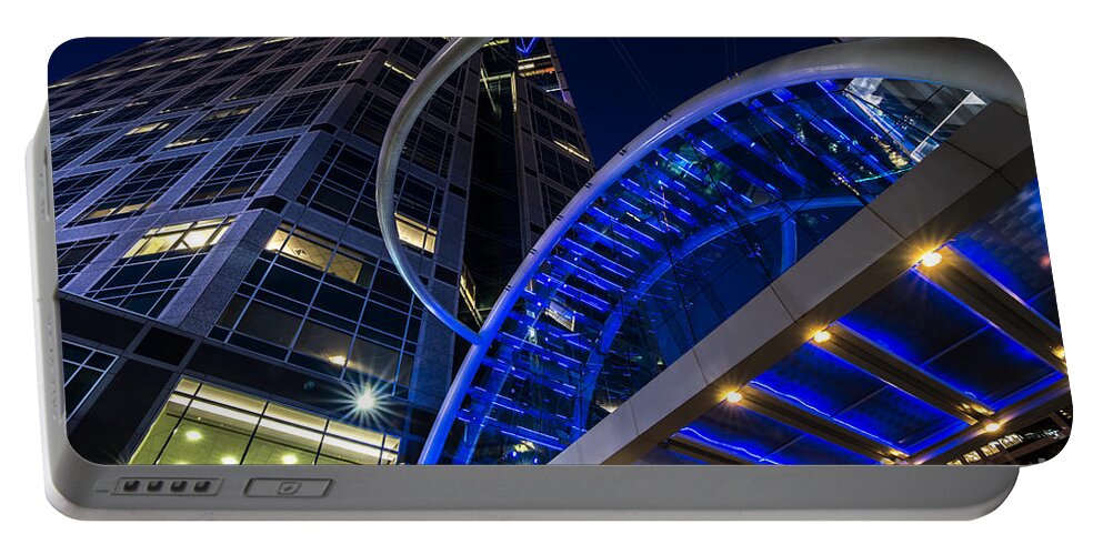 Wells Fargo Portable Battery Charger featuring the photograph Wells Fargo Building Sky Bridge at Night by Gary Whitton