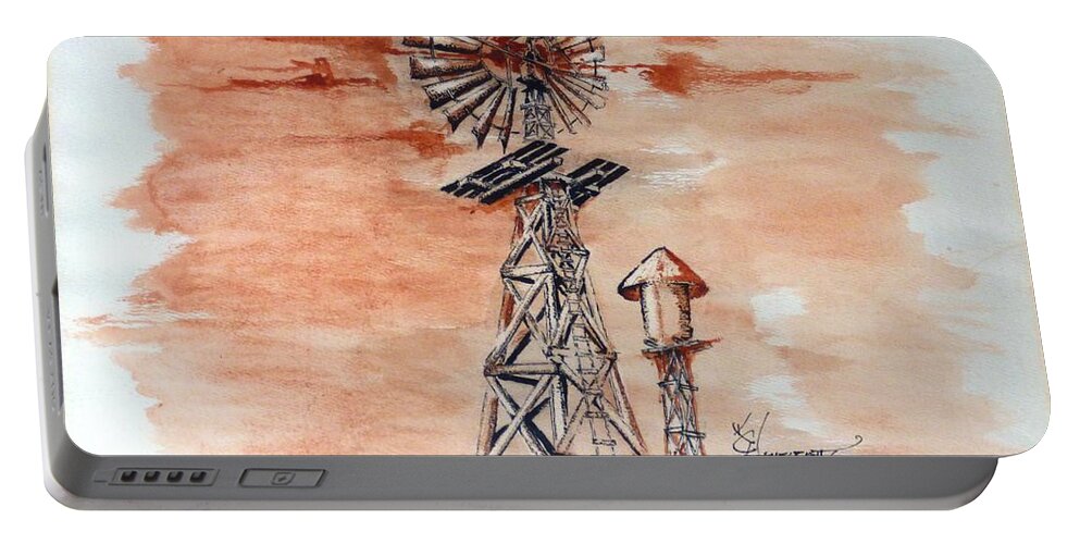 Windmill Portable Battery Charger featuring the mixed media West Texas Windmill by Kem Himelright