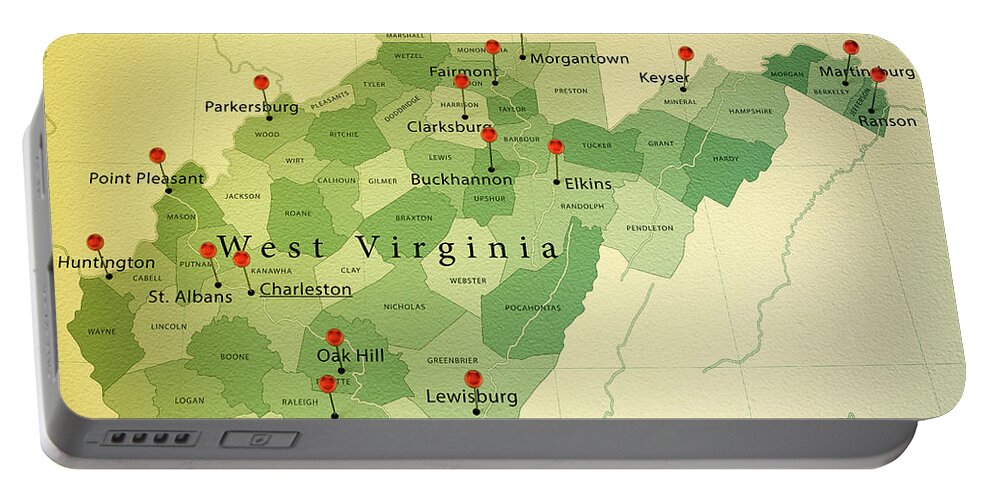 Cartography Portable Battery Charger featuring the digital art West Virginia Map Square Cities Straight Pin Vintage by Frank Ramspott