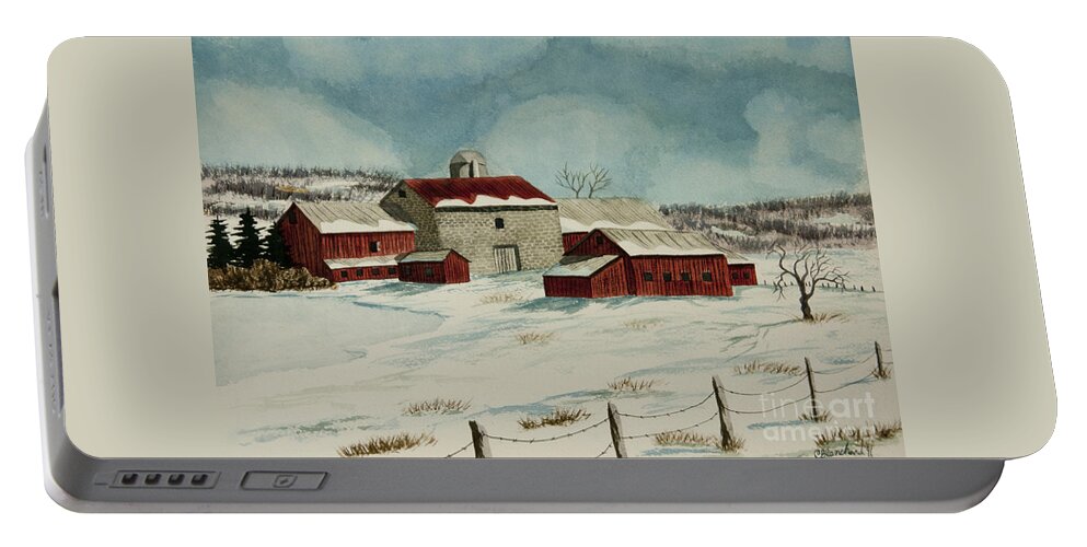 Winter Scene Paintings Portable Battery Charger featuring the painting West Winfield Farm by Charlotte Blanchard