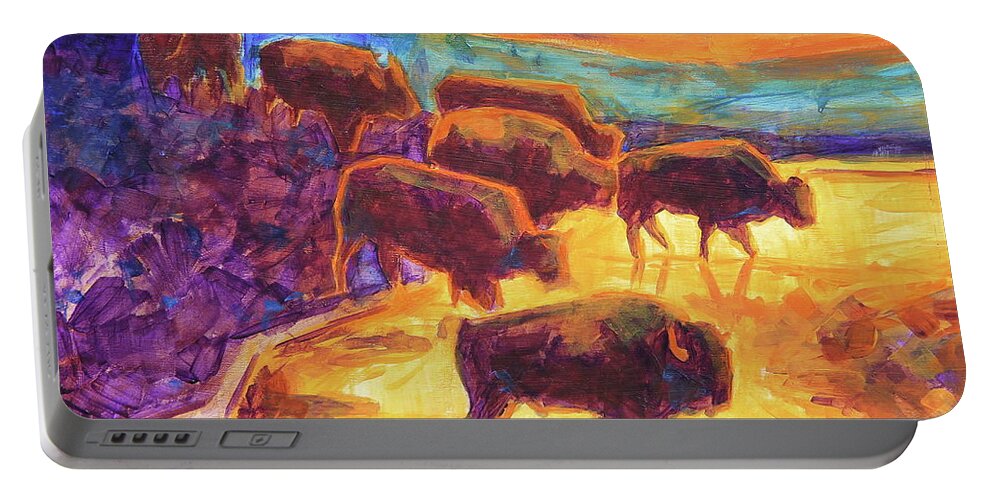 Western Buffalo Art Portable Battery Charger featuring the painting Western Buffalo Art Bison Creek Sunset Reflections painting T Bertram Poole by Thomas Bertram POOLE