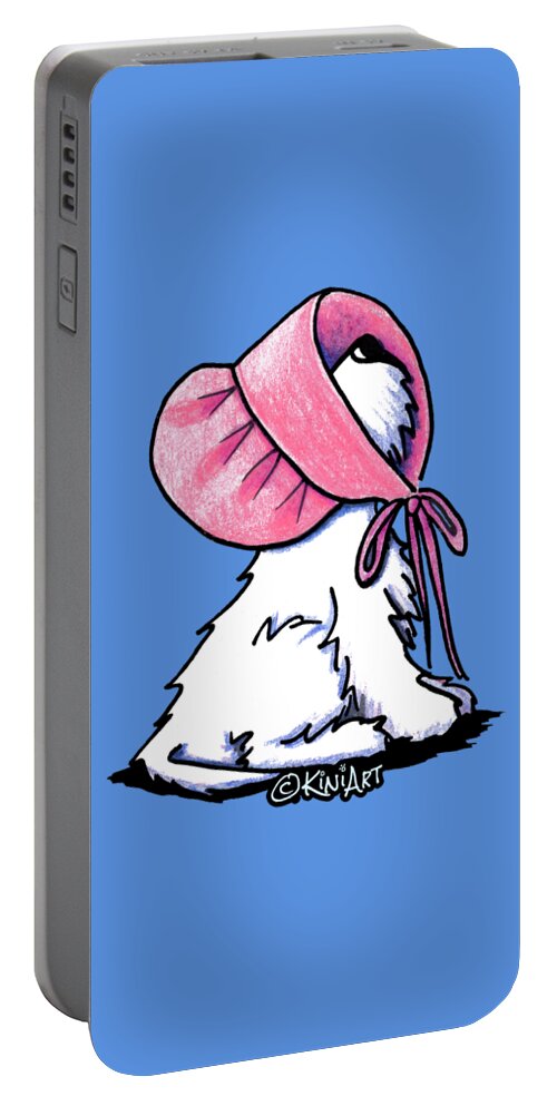 Westie Portable Battery Charger featuring the drawing Westitude In A Pretty Pink Bonnet by Kim Niles aka KiniArt