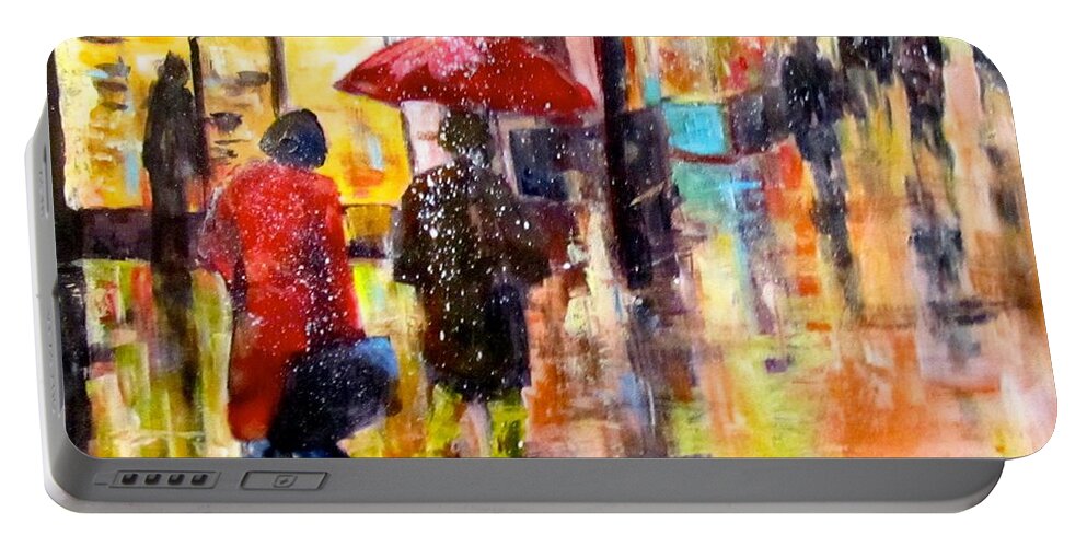 Rain Portable Battery Charger featuring the painting Wet Streets by Barbara O'Toole