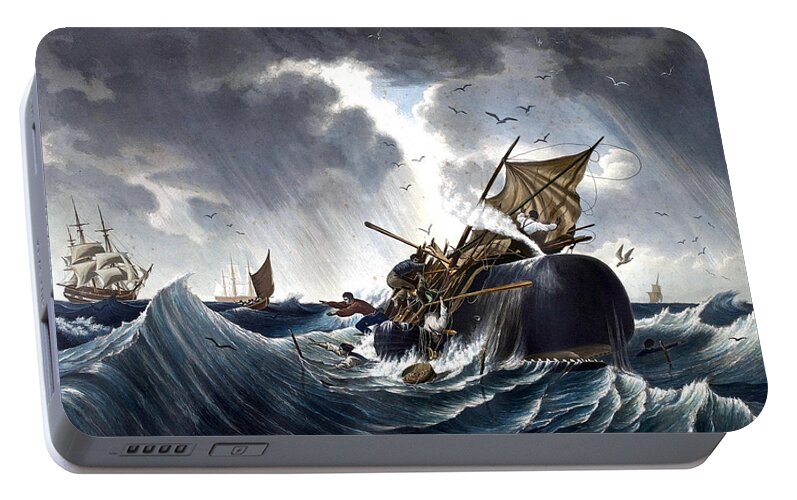Whale Portable Battery Charger featuring the painting Whale Destroying Whaling Ship by American School