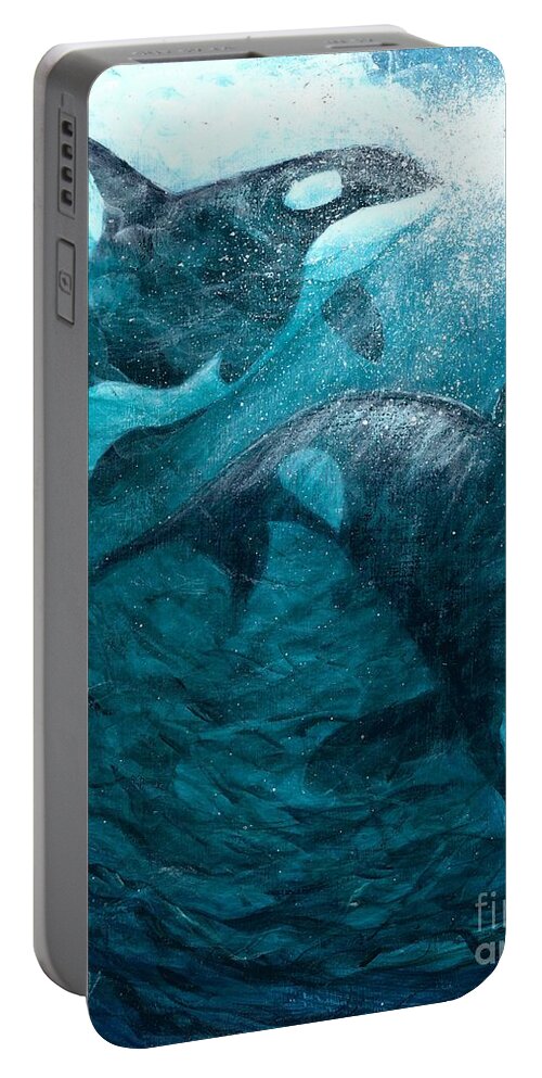 #whales #shamu #ocean #sea #water #environmentalart #sustainable Portable Battery Charger featuring the painting Whales Ascending Descending by Allison Constantino