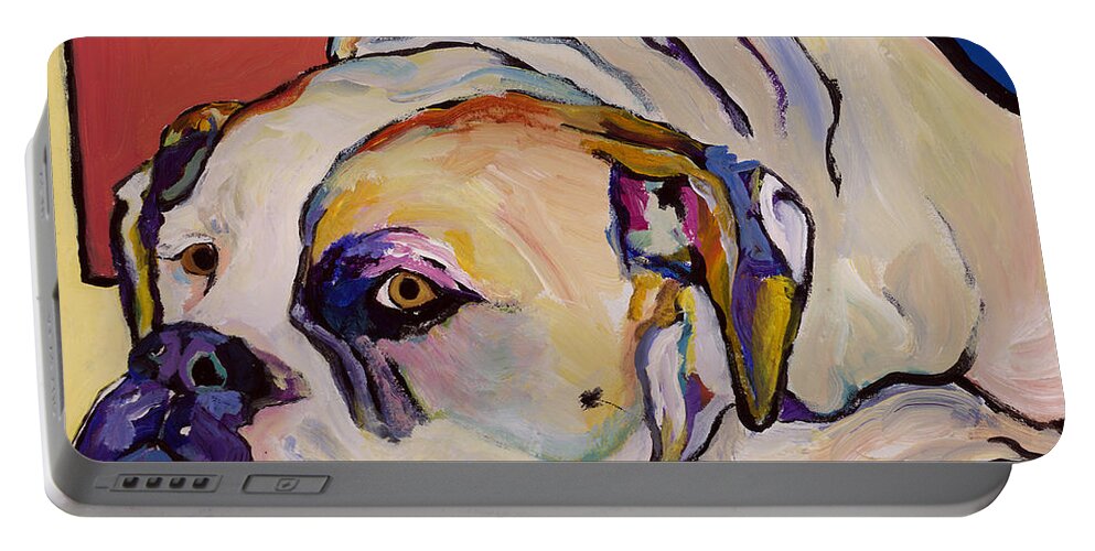 American Bulldog Portable Battery Charger featuring the painting Where Is My Dinner by Pat Saunders-White