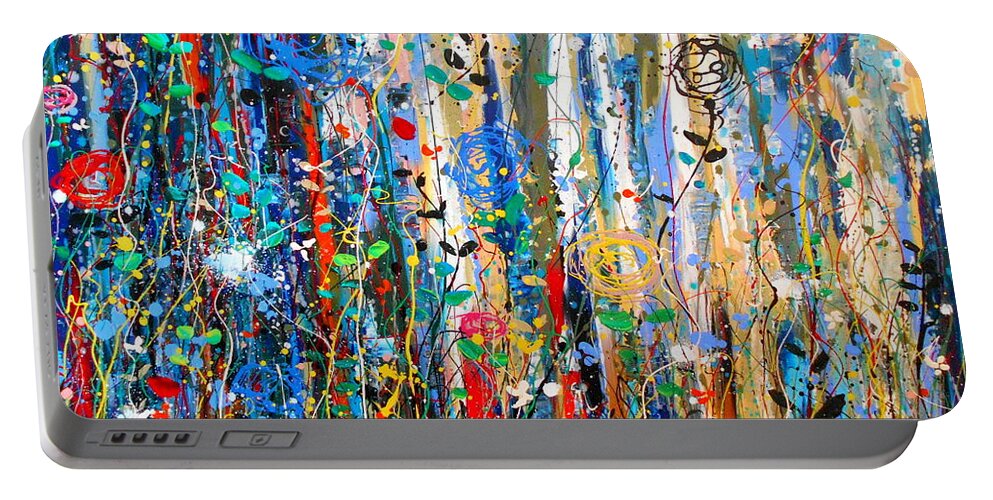 Abstract Painting Portable Battery Charger featuring the painting Where wild roses bloom, panel 1 by Angie Wright