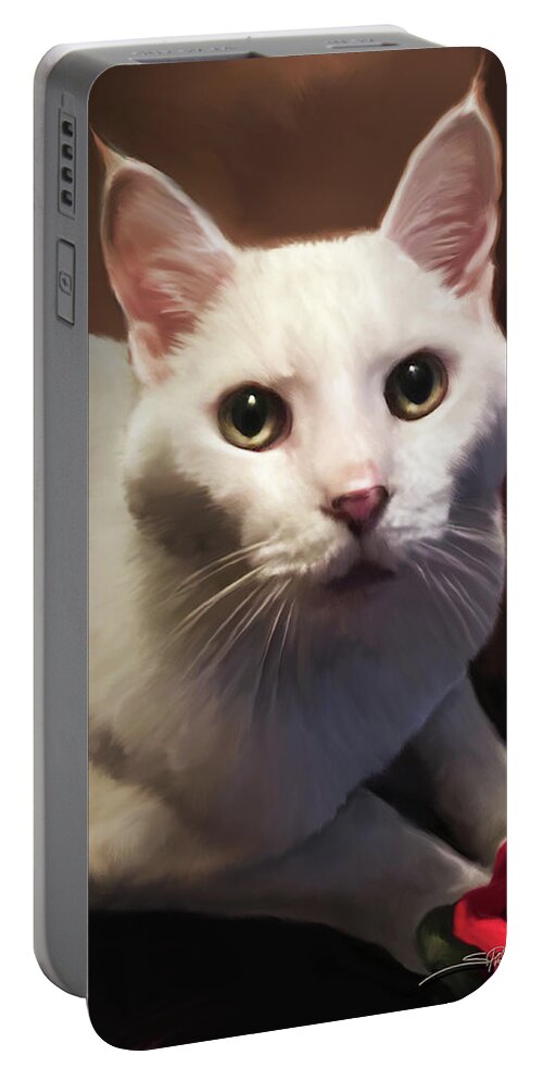 Cat Portable Battery Charger featuring the painting Whiskers and Rose by Michael Spano