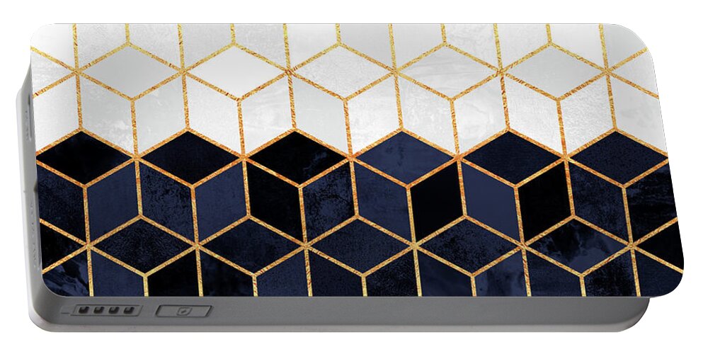Graphic Portable Battery Charger featuring the digital art White and navy cubes by Elisabeth Fredriksson