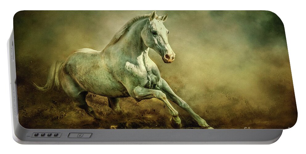 Horse Portable Battery Charger featuring the photograph White Arabian Stallion Running In Dust by Dimitar Hristov