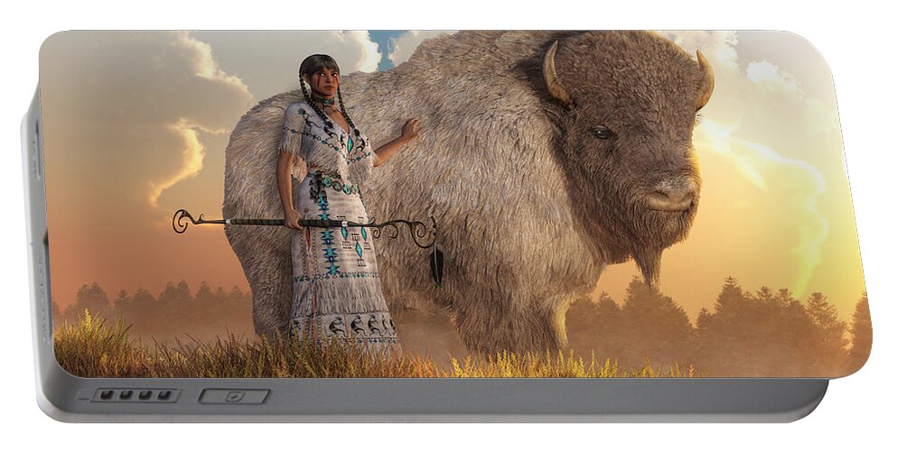 White Buffalo Calf Woman Portable Battery Charger featuring the digital art White Buffalo Calf Woman by Daniel Eskridge