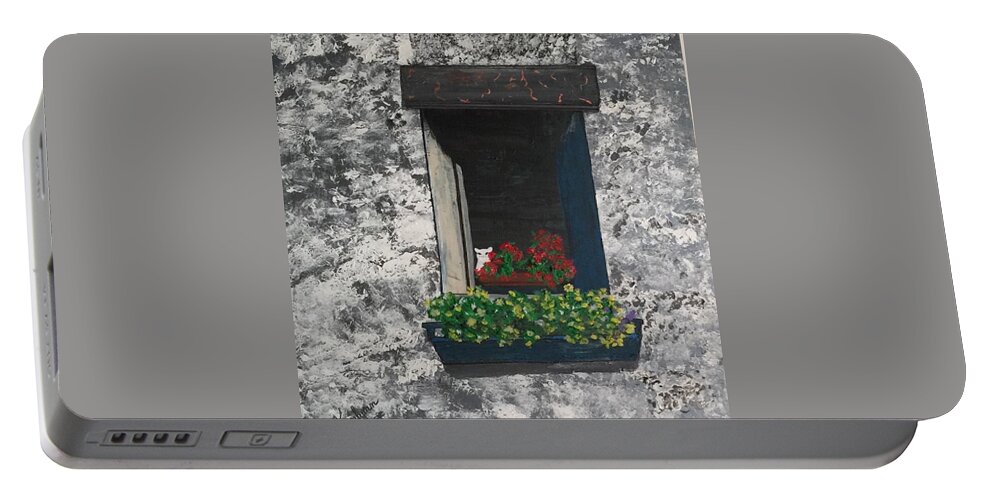 Cat Portable Battery Charger featuring the painting Italy-Window in Orvieto by Kenlynn Schroeder