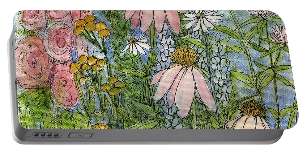 Nature Portable Battery Charger featuring the painting White Coneflowers in Garden by Laurie Rohner