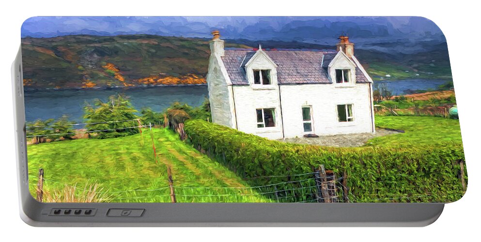 White Cottage Portable Battery Charger featuring the photograph White cottage on Isle of Skye by Sharon Ann Sanowar