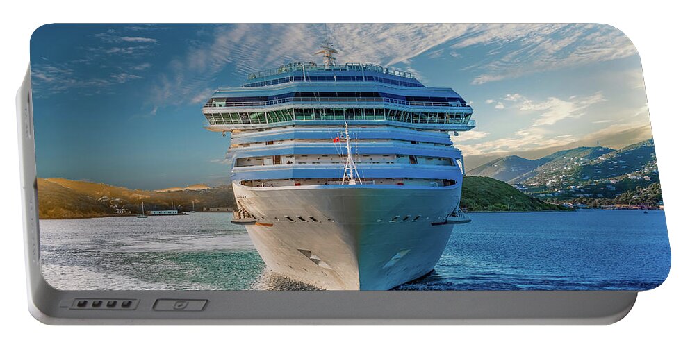 Boat Portable Battery Charger featuring the photograph White Cruise Ship from Front by Darryl Brooks