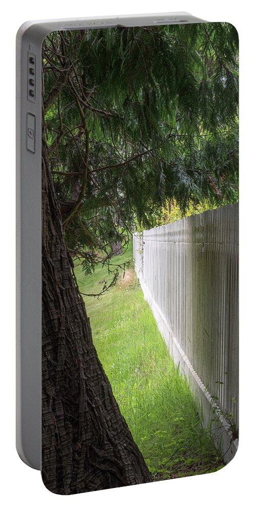 Oregon Coast Portable Battery Charger featuring the photograph White Fence And Tree by Tom Singleton