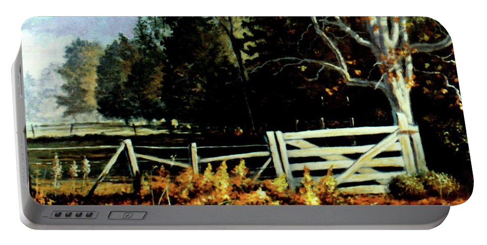 Gate Portable Battery Charger featuring the painting White Gate by Randy Welborn