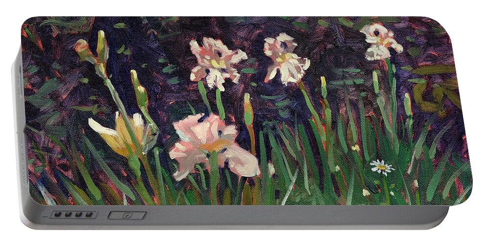 Plein Air Portable Battery Charger featuring the painting White Irises by Donald Maier