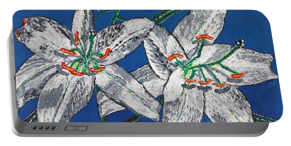 Flower Portable Battery Charger featuring the painting White Lilies by Valerie Ornstein
