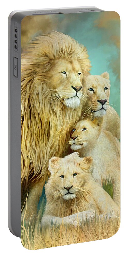Carol Cavalaris Portable Battery Charger featuring the mixed media White Lion Family - Unity by Carol Cavalaris