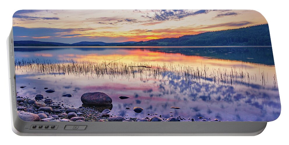 Europe Portable Battery Charger featuring the photograph White night sunset on a Swedish lake by Dmytro Korol