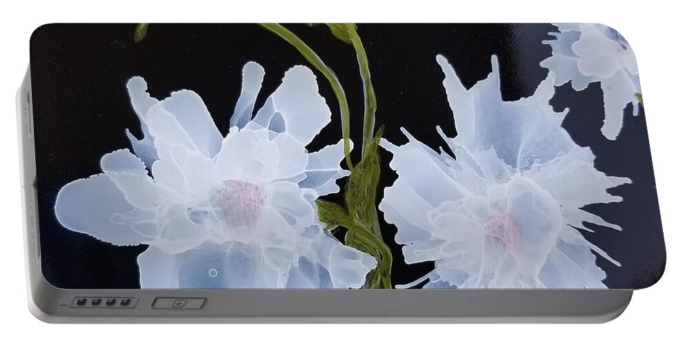 Abstract Portable Battery Charger featuring the painting White on Black plate by Donna Perry