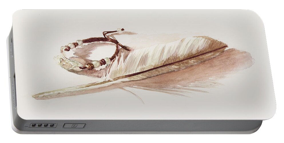 Feather Portable Battery Charger featuring the painting White on White by Brandy Woods