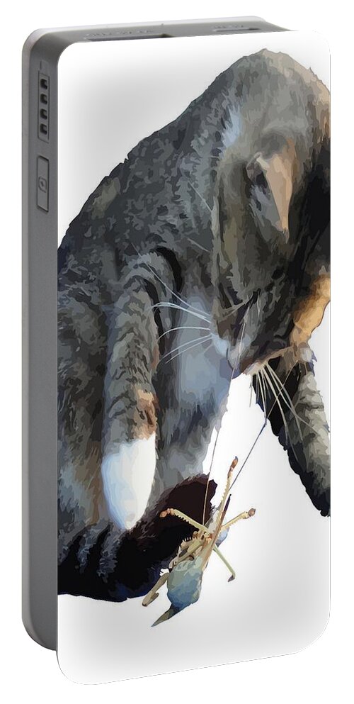 Tabby Cat Portable Battery Charger featuring the photograph White Pawed Tabby Cat Playing With Winged Insect by Taiche Acrylic Art