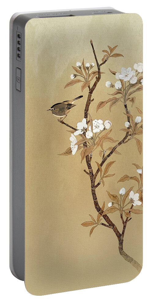 Pear Tree Portable Battery Charger featuring the mixed media White Pear Blossoms And Sparrow by M Spadecaller