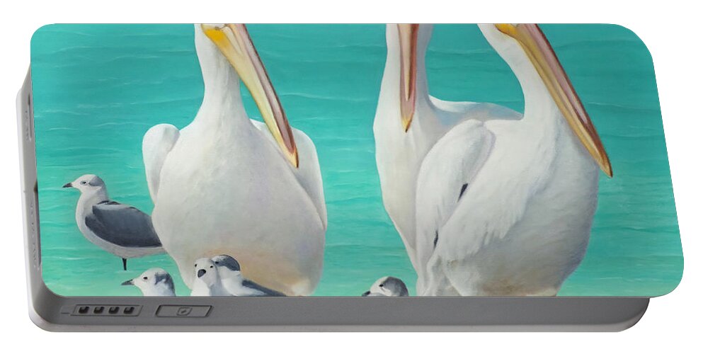 Pelican Portable Battery Charger featuring the painting White Pelicans by Jimmie Bartlett