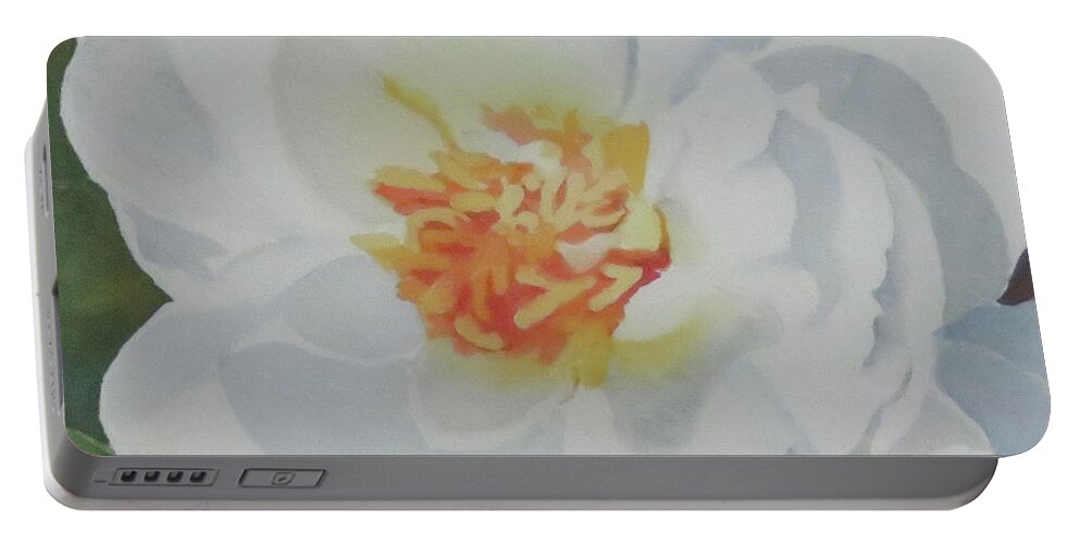 Floral Portable Battery Charger featuring the painting White Rose by Judy Mercer