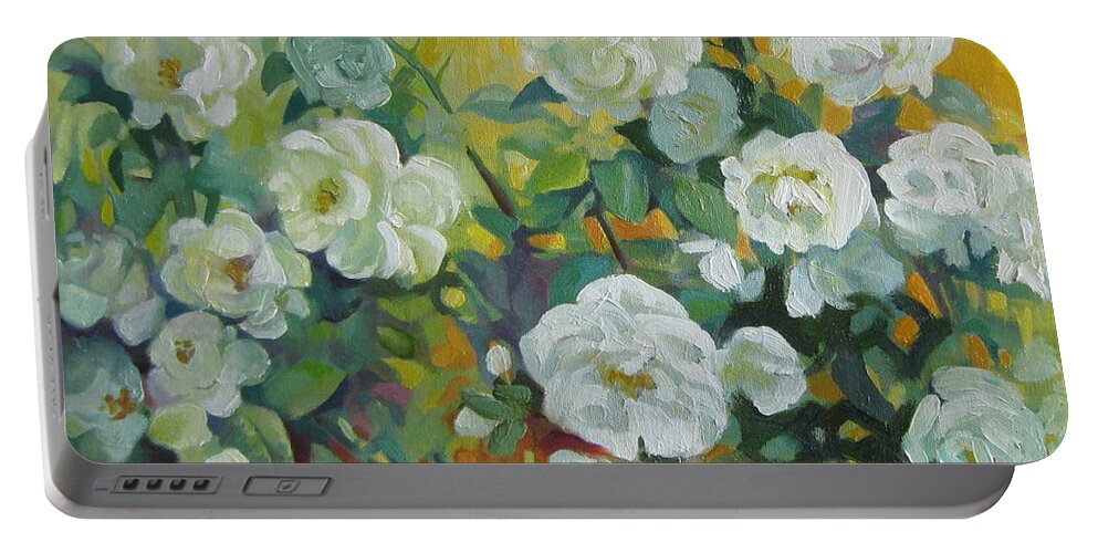Roses Portable Battery Charger featuring the painting White roses by Elena Oleniuc