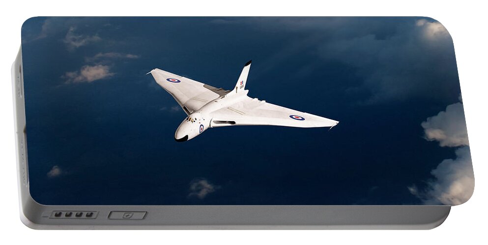 Avro Vulcan Portable Battery Charger featuring the digital art White Vulcan B1 at altitude by Gary Eason