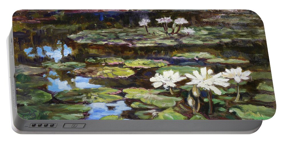 Tower Grove Park Portable Battery Charger featuring the painting White waterlilies in Tower Grove Park by Irek Szelag