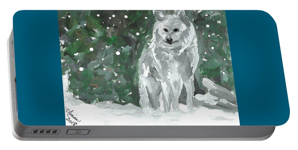 White Wolf Impressionism Art Painting Animal Forest Snow Woods Wildflife Portable Battery Charger featuring the painting White Wolf Impressionism by Monica Resinger