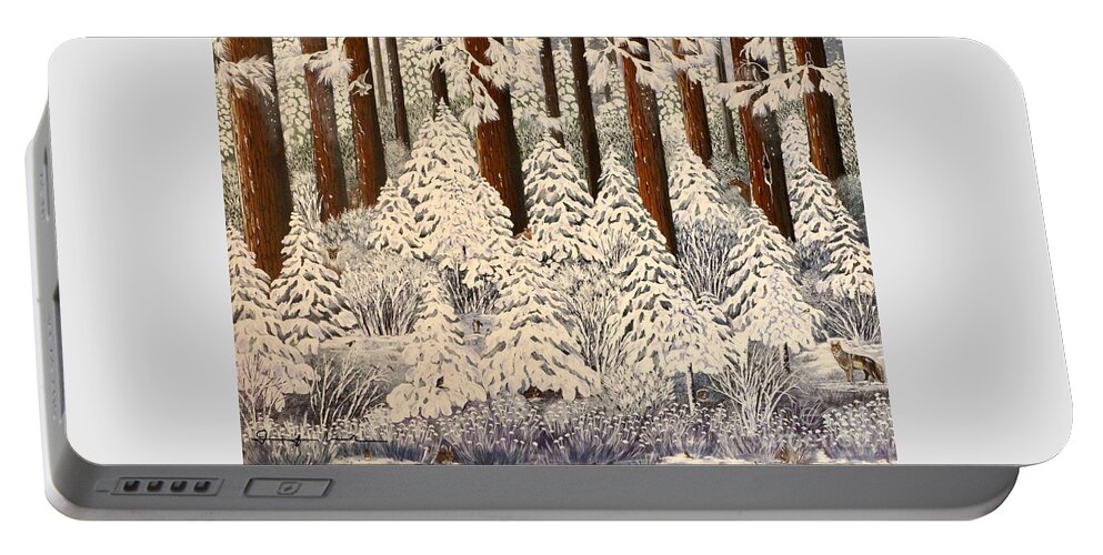 Snow Portable Battery Charger featuring the painting Whose woods these are I think I know					 by Jennifer Lake
