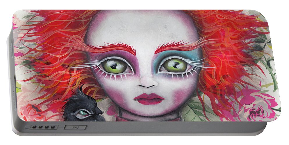 Mad Hatter Portable Battery Charger featuring the painting Why is a Raven like a Writing Desk? by Abril Andrade