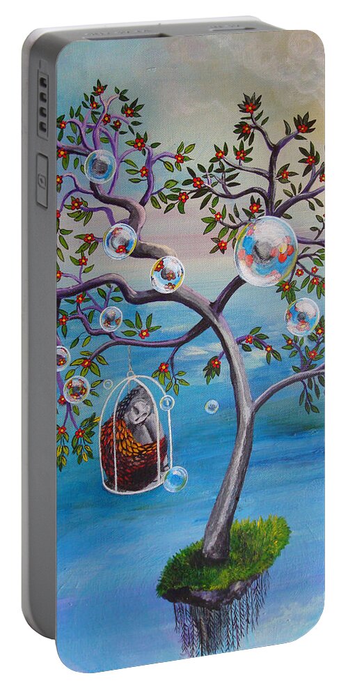 Surreal Portable Battery Charger featuring the painting Why The Caged Bird Sings by Mindy Huntress