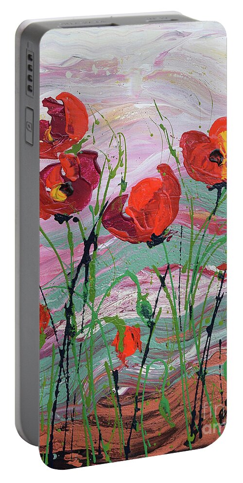 Wild Poppies - Triptych Portable Battery Charger featuring the painting Wild Poppies - 1 by Jyotika Shroff