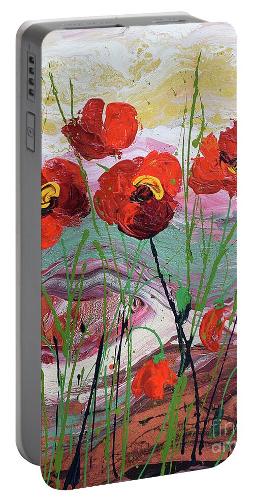 Wild Poppies - Triptych Portable Battery Charger featuring the painting Wild Poppies - 3 by Jyotika Shroff