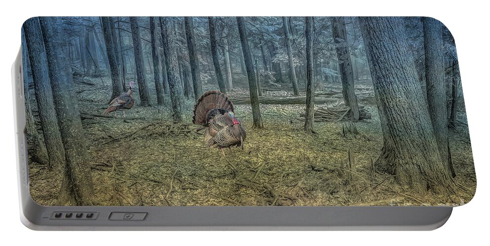 Wild Turkeys In Forest Portable Battery Charger featuring the digital art Wild Turkeys in Forest Version Two by Randy Steele