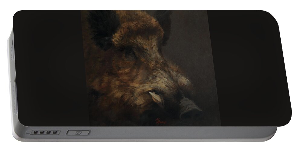 Boar Portable Battery Charger featuring the painting Wildboar Portrait by Attila Meszlenyi