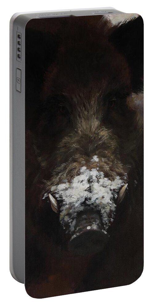 Snout Portable Battery Charger featuring the painting Wildboar with Snowy Snout by Attila Meszlenyi