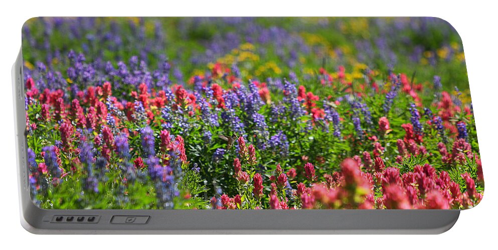 Wildflower Portable Battery Charger featuring the photograph Wildflower Meadow and Hummingbird by Brett Pelletier