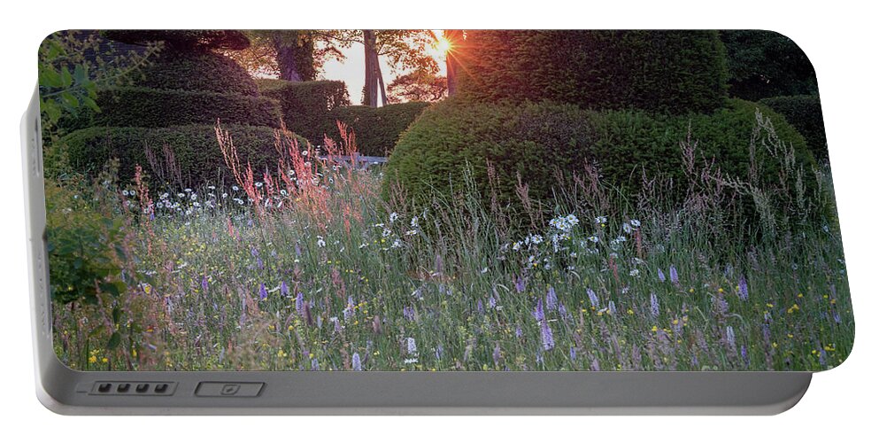 Sunset Portable Battery Charger featuring the photograph Wildflower Meadow at Sunset, Great Dixter by Perry Rodriguez