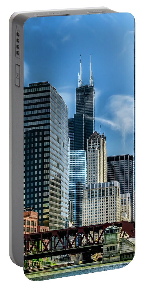 Willis Tower Portable Battery Charger featuring the photograph Willis tower, skyline and Chicago River on a sunny day by Sven Brogren